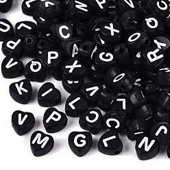 Schwarz Opake Acryl-Emaille-Perlen, Herz mit Buchstabenmuster, Schwarz, 7x7x4 mm, Bohrung: 1.5~1.6 mm, ca. 3400 Stk. / 500 g
