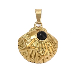 Black Onyx Подвески из натурального черного оникса (окрашенные и нагретые), с 304 нержавеющей стали, ионное покрытие (ip), золотые, оболочка, 19.5x18x4.5~5 мм, отверстие : 6x3 мм