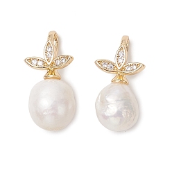 Золотой Подвески из натурального жемчуга Эдисона, с латунной микропаве и прозрачным листом кубического циркония, круглые подвески, цветочный белый, золотые, 20~21x10.5x9~10 мм, отверстие : 6~6.5x3 мм