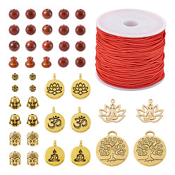 Античное Золото Набор для изготовления браслета из бисера мала своими руками, в том числе деревянные бусины для ваз, голова будды, лотос и символ ом бусины и подвески из сплава, эластичные шнуры, античное золото , 352 шт / пакет