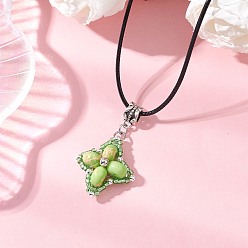 Зеленый лайм Звезда с подвеской из окрашенной синтетической императорской яшмы и стеклянных бусин, ожерелья из черного вощеного хлопкового шнура, античное серебро, зеленый лайм, 17.80 дюйм (45.2 см)