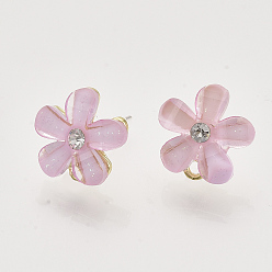 Pink Alloy Rhinestone Stud Earring Findings, with Acrylic, Raw(Unplated) Pin and Loop, Flower, Golden, Pink, 12~13x12mm, Hole: 1.4mm, Pin: 0.7mm
