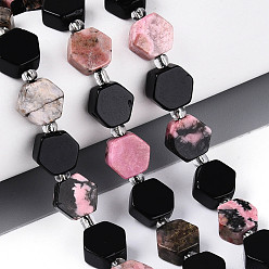 Смешанные камни Нити из натуральных бусин обсидиана и родонита, шестиугольник, с бисером и картоном, 7.5~10x8.5~10.5x3.5~6 мм, отверстие : 0.7~1 мм, около 17~18 шт / нитка, 7.09~7.68 дюйм (18~19.5 см), 1 прядь / комплект