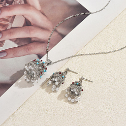 Платина Комплекты женских сережек-гвоздиков и подвесок в этническом стиле из латуни с искусственным жемчугом., платина, ожерелья: 17.32 дюйм (44 см)