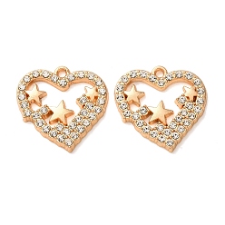 Light Gold Colgantes de aleación de rhinestone, corazón con amuletos de estrellas, la luz de oro, 20x20x2 mm, agujero: 1.5 mm
