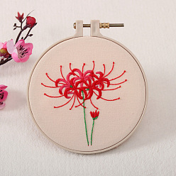 Flower DIY Flower Pattern Embroidery Kits, Including Printed Cotton Fabric, Embroidery Thread & Needles, Red Spider Lily Pattern, 120mm