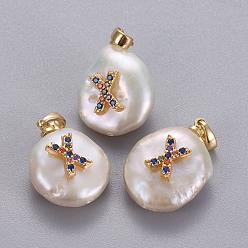 Letter X Подвески из натурального пресноводного жемчуга, с латунными микро проложить кубических выводы циркония, самородки с буквой, долговечный, золотые, красочный, letter.x, 17~27x12~16x6~12 мм, отверстие : 4x2.5 мм