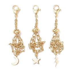 Золотой 3 шт. 304 мешочек из нержавеющей стали в технике макраме, пустой держатель для камней, подвесные украшения, с застежками-карабинами и латунными подвесками в виде луны, звезд и молний, золотые, 62~65.5 мм