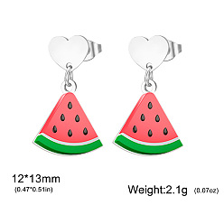 Watermelon 304 Stainless Steel Stud Dangle Earrings, Fruits, Stainless Steel Color, Watermelon, 13x12mm