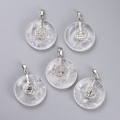 Хрусталь Природного кварца хрустальных подвесок, с латунной фурнитурой платинового цвета, пончик / пи диск со смешанными формами, 35.5x30x8.5~9.5 мм, отверстие : 4.5x6.5 мм