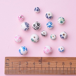 Mixed Color Handmade Printed Porcelain Beads, Round with Flower, Mixed Color, 8mm, Hole: 2mm, 10mm, Hole: 3mm, 12mm, Hole: 2mm, 140pcs/box