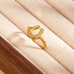 Others 304 Stainless Steel & Crystal Rhinestone Cuff Open Rings, Golden, Horseshoes, US Size 12 3/4(22mm)