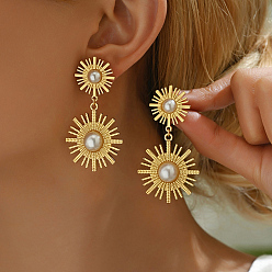 Золотой Мода 201 серьги-гвоздики с цветком из нержавеющей стали, с имитацией жемчуга, золотые, 57x31 мм