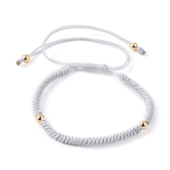 Light Grey Adjustable Nylon Cord Braided Beaded Bracelets, with Round Brass Beads, Golden, Light Grey, Inner Diameter: 4.2~9.5cm(1-5/8~3-3/4 inch)