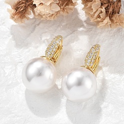 Настоящее золото 18K Латунные серьги-кольца из прозрачного кубического циркония, с ABS имитации жемчуга, без свинца и без кадмия, долговечный, стойки покрытие, круглые, реальный 18 k позолоченный, 28.5x16 мм