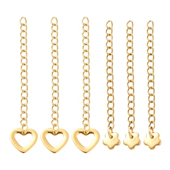 Golden 6Pcs 2 Style 304 Stainless Steel Curb Chain Extender, with Charms, Flower & Hollow Heart, Golden, 56~62mm, Link: 3.7~4x3x0.5mm, 3pcs/style