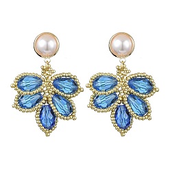 Васильковый Серьги-пусеты ручной работы из семян, с латунными серьгами, лист, золотые, васильковый, 49.5x33 мм