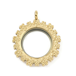 Настоящее золото 18K Ионное покрытие (IP) 304 подвески-медальоны из нержавеющей стали, со стеклом, плоская круглая с подвеской в виде цветка, реальный 18 k позолоченный, 41x35x6 мм, отверстие : 5 мм