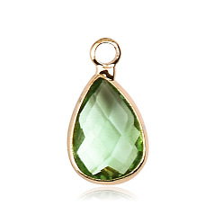 Зеленый лайм Граненые подвески стекла, с латунной фурнитурой , кулоны из камня, слезинки, золотые, зеленый лайм, 13.5x7.5x4 мм, отверстие : 1.6 мм