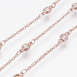 Real Rose Gold Plated Handmade Brass Cubic Zirconia Chains, Soldered, Long-Lasting Plated, Real Rose Gold Plated, 8x4x2mm