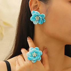 Голубой Комплекты серег и колец из цветочного пластика, пластикового жемчуга и латуни, золотой свет, голубой, 44 мм и 17 мм