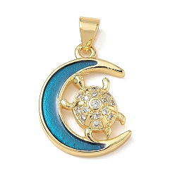 Dodger Blue Brass Enamel Pendants, with Crystal Rhinestone, Moon & Tortoise Charms, Golden, Dodger Blue, 20x15x5mm, Hole: 4.5x3.5mm