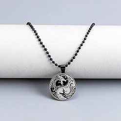 Черный Плоские круглые с драконом инь-ян 201 эмалированные подвески из нержавеющей стали, чёрные, 23.62 дюйм (60 см)