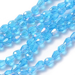 Sky Blue Electroplate Glass Beads Strands, AB Color Plated, Faceted Teardrop, Sky Blue, 7x5mm, about 65~67pcs/strand, 18~18.5 inch(45.5~46.9cm)