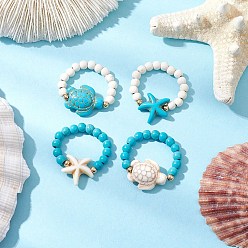 Mixed Shapes Кольца из синтетической бирюзы, с латунными бусинами, синтетическими магнезитовыми бусинами и эластичной хрустальной нитью, разнообразные, 13.5~14 мм, американский размер 7 1/4~9 3/4(17.5~19.5мм)