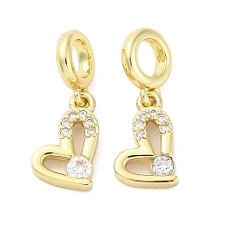 Настоящее золото 16K Латунное микропейв с кубическим цирконием европейские подвески с подвесками, сердце, Подвески с большими отверстиями, без кадмия и без свинца, реальный 16 k позолоченный, 20.5 мм, отверстие : 4.2 мм
