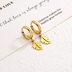 Настоящее золото 18K Элегантные серьги-кольца из нержавеющей стали в форме листа, реальный 18 k позолоченный, 30x8 мм