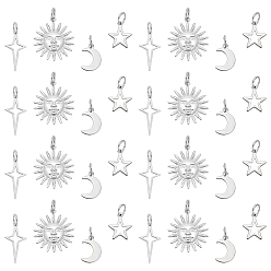 Color de Acero Inoxidable 80 piezas 20 juegos 4 estilos 304 colgantes de acero inoxidable, sol y estrella y luna, con anillo de salto, color acero inoxidable, 14.5~24.5x10.5~21.5x1~1.5 mm, agujero: 5.5 mm, 4 PC / sistema, 1 piezas / estilo