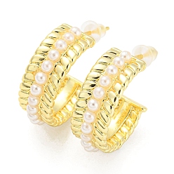 Real 18K Gold Plated Rack Plating Brass Round Stud Earrings with Plastic Pearl Beaded, Half Hoop Earrings, Lead Free & Cadmium Free, Real 18K Gold Plated, 27x8.5mm