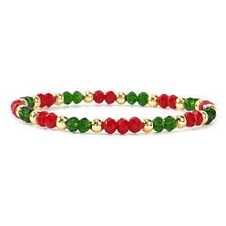 Rondelle Рождественские эластичные браслеты из стеклянных и латунных бусин для женщин, рондель, 6.89 дюйм (17.5 см)