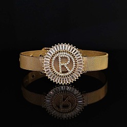 Letter R Латунные браслеты с микропаве из прозрачных кубических цирконий для женщин, плоские круглые с буквы, реальный 18 k позолоченный, Буква R, 8-1/4 дюйм (21 см)