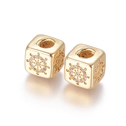 Golden Brass Micro Pave Cubic Zirconia Beads, Long-Lasting Plated, Cube with Anchor & Helm Pattern, Golden, Clear, Golden, 10x8x8.5mm, Hole: 1.5x3.5mm and 4mm