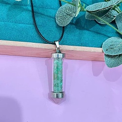 Зеленый Авантюрин Кулон из цинкового сплава в виде шестиугольной стеклянной бутылки с внутренними кусочками натурального зеленого авантюрина, ожерелье из черной искусственной кожи., платина, 19.69 дюйм (50 см)