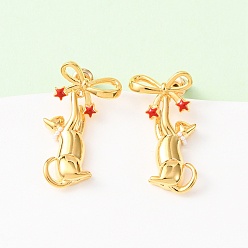 Золотой Серьги-гвоздики с подвесками в форме кошки, выполненные из латуни и эмали, с пластиковой имитационной жемчужиной, стойки покрытие, без свинца, без кадмии и без никеля, золотые, 29x15 мм