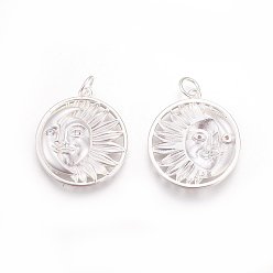 Матовый Серебристый Цвет Латунные микро проложить кубического циркония подвески, без свинца и без кадмия, плоский круглый с солнцем и луной, прозрачные, матовое серебро, 22x20x2.5 мм, отверстие : 3.5 мм