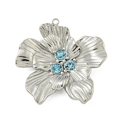 Свет Сапфира 304 подвески из нержавеющей стали, со стразами, цветочный шарм, цвет нержавеющей стали, света сапфир, 26x24.5x4 мм, отверстие : 1.2 мм