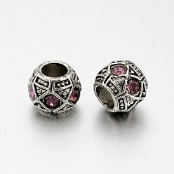 Розовый Старинное серебро покрытием сплава горный хрусталь европейских бусы, бусины с большими отверстиями в форме шайбы, светло-розовый, 10x8 мм, отверстие : 5 мм