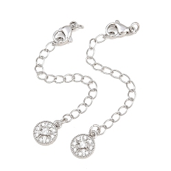 Platinum Brass Curb Chain Extender, End Chains with Lobster Claw Clasps and Flat Round Cubic Zirconia Charms, Platinum, 75mm, Hole: 2.4mm