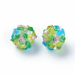 Зелено-Желтый Ручной работы ухабистым Шарики Lampwork, круглые, зеленый желтый, 14~15 мм, отверстие : 1.5~1.6 мм