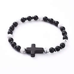 Говлит Унисекс натуральные Howlite стрейч браслеты, с крестообразными синтетическими бирюзовыми (крашеными) бусинами, бусины из матового натурального черного агата (окрашенные) и немагнитные бусины из синтетического гематита., 2-1/8 дюйм (5.5 см)