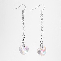 Clear Heart Glass Dangle Earrings, with 304 Stainless Steel Heart Link Chains & Brass Hooks, Clear, 75mm, Pin: 0.8mm