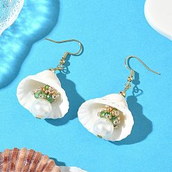 Белый 304 серьги-ракушки из нержавеющей стали с круглыми подвесками, со стеклянными семенами, ракушками и стеклянной жемчужиной, золотые, белые, 50.5x27~30 мм