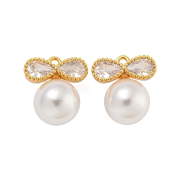 Настоящее золото 18K Латуни циркония кубической подвески, с пластмассовой жемчужиной abs, бантом, реальный 18 k позолоченный, 16x14x8 мм, отверстие : 1.4 мм