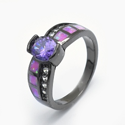 Metallgrau Zirkonia Fingerringe, mit synthetischen Opal- und Messingbefunden, langlebig überzogen, ellipsenförmige, Größe 7, mauve, Metallgrau, 17.5 mm