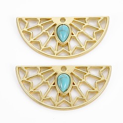 Sky Blue Rack Plating Alloy Pendants, with Resin, Cadmium Free & Lead Free, Fan, Sky Blue, 19x40x4.5mm, Hole: 1.8mm