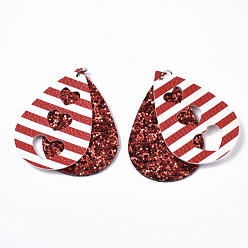 Dark Red PU Leather Big Pendants, with Sequins/ Paillettes and Platinum Tone Iron Jump Rings, Teardrop with Heart, Dark Red, 56.5x37x3mm, Hole: 5mm